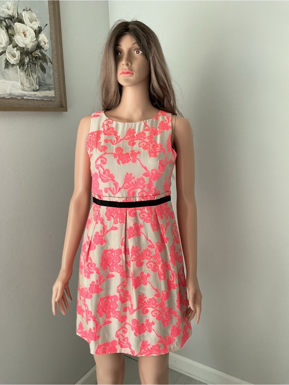 LOFT Cream Dress with Neon Pink Floral Print and Black Waistband
